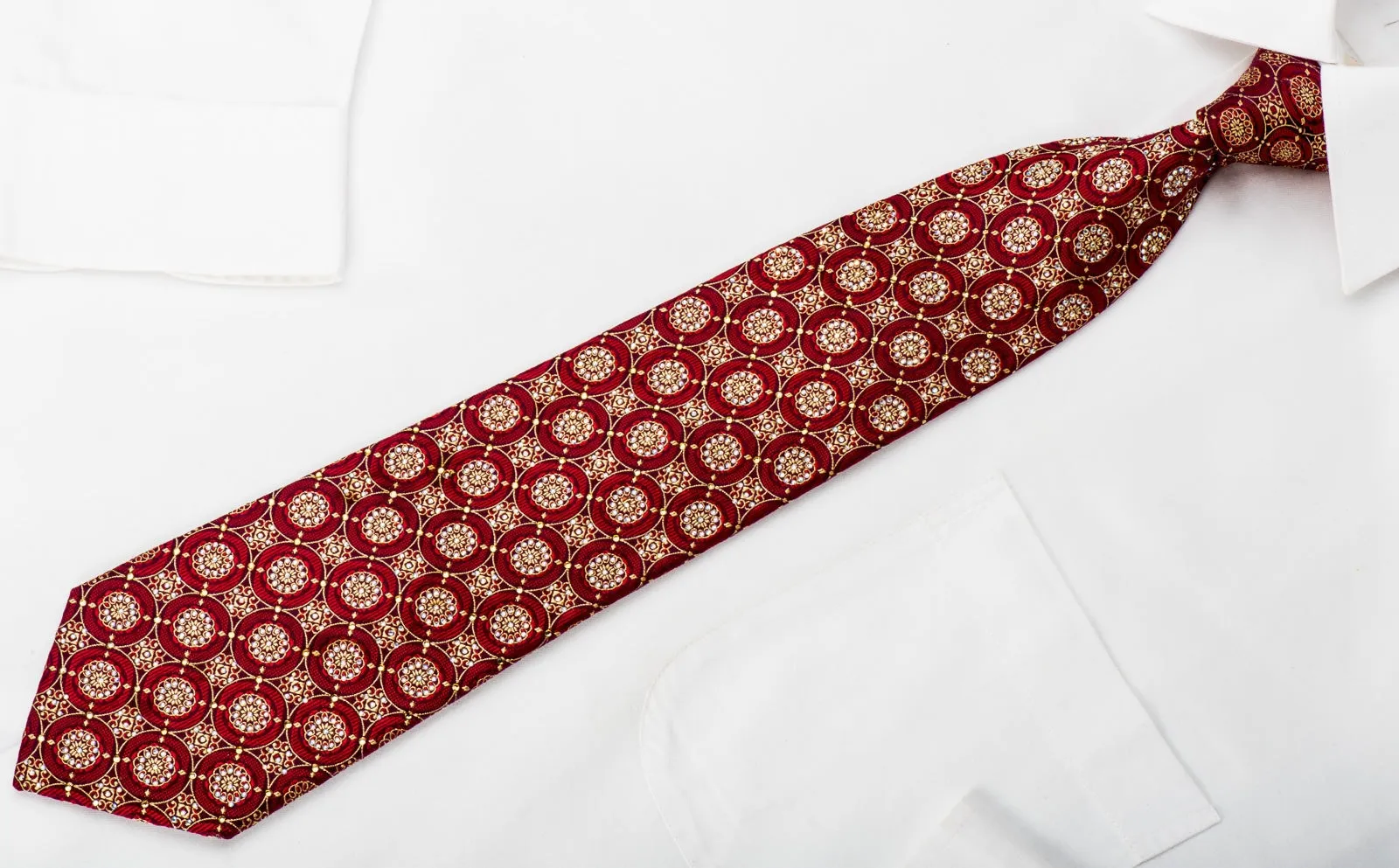 Renoma Mens Rhinestone Silk Necktie Gold Floral Medallions On Burgundy With Sparkles
