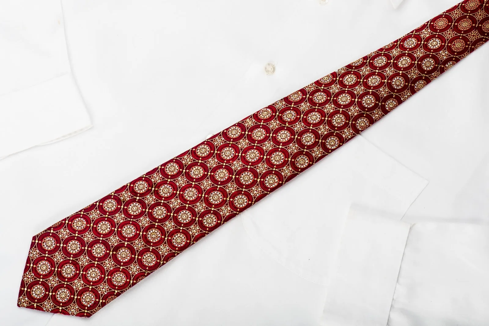Renoma Mens Rhinestone Silk Necktie Gold Floral Medallions On Burgundy With Sparkles