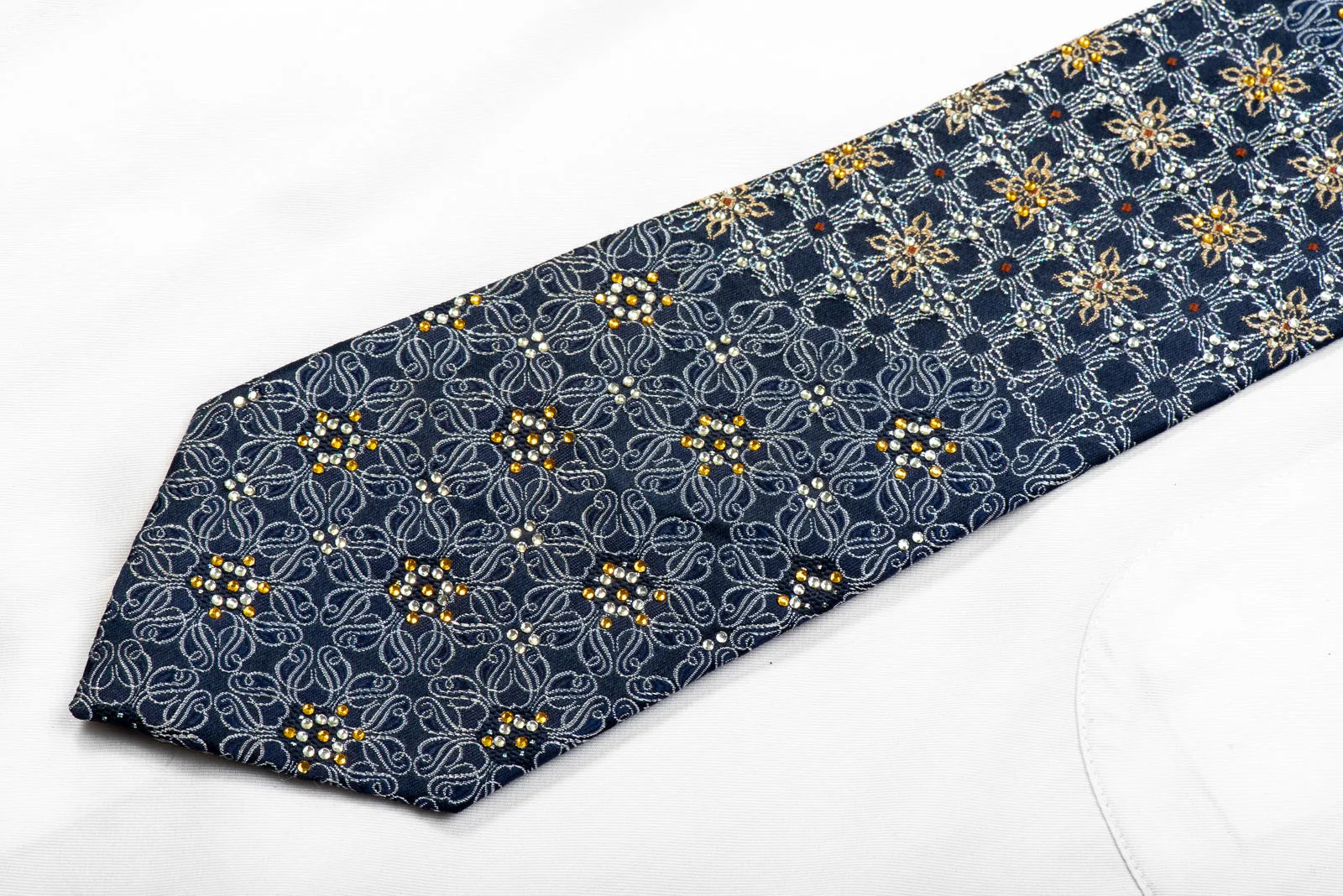 Rhinestone Silk Necktie Silver Gold Cartouche On Navy With Blue Sparkles