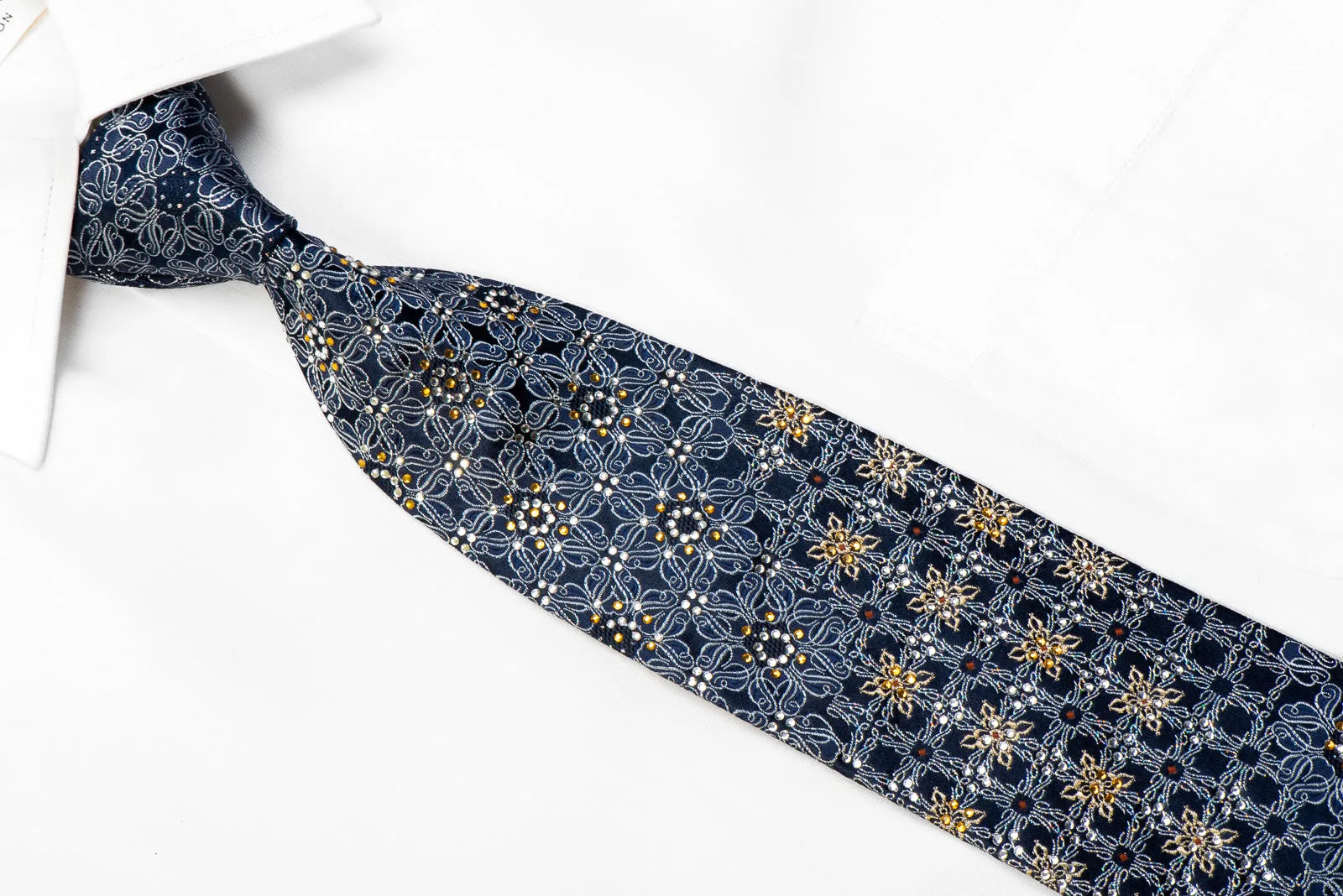 Rhinestone Silk Necktie Silver Gold Cartouche On Navy With Blue Sparkles