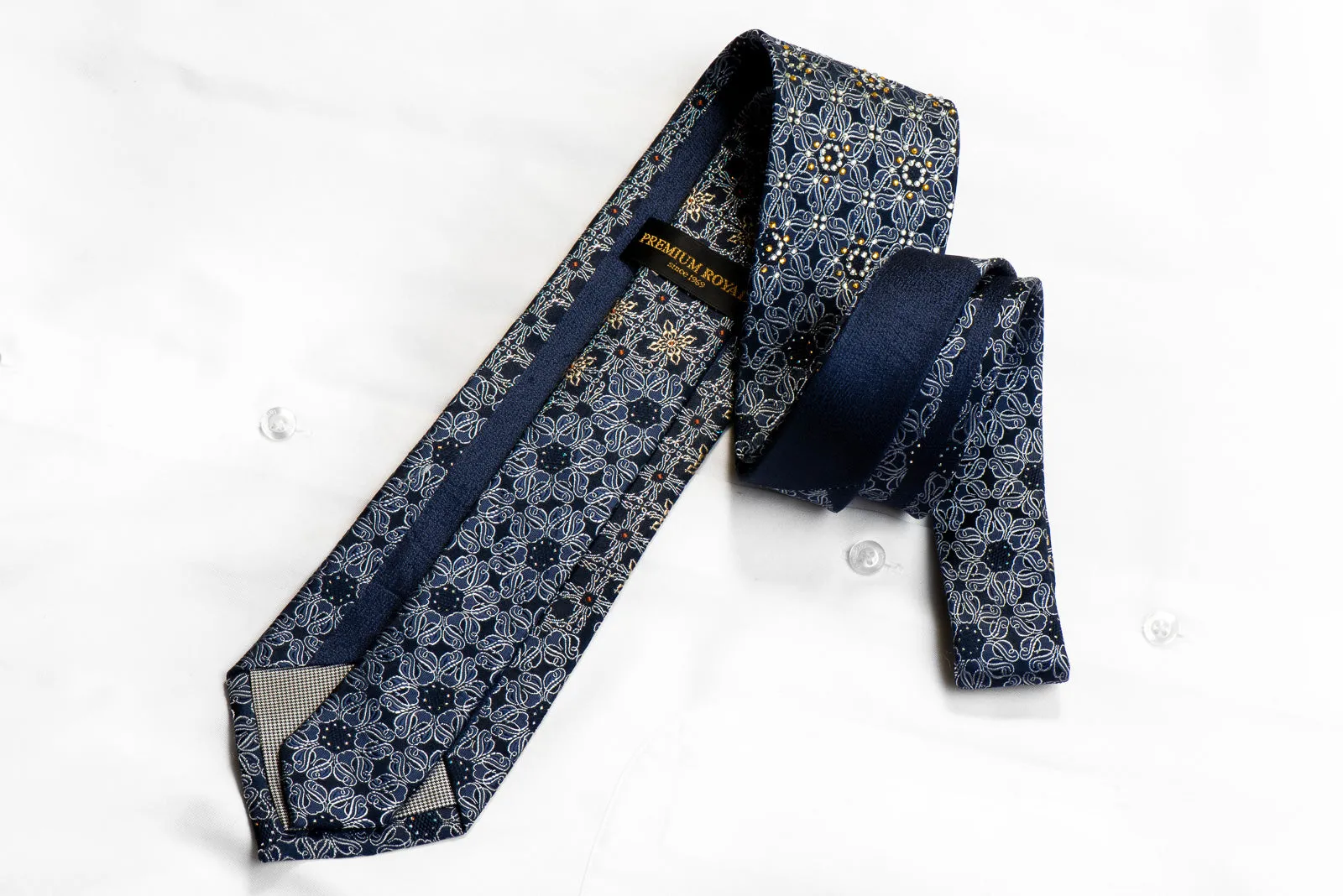 Rhinestone Silk Necktie Silver Gold Cartouche On Navy With Blue Sparkles
