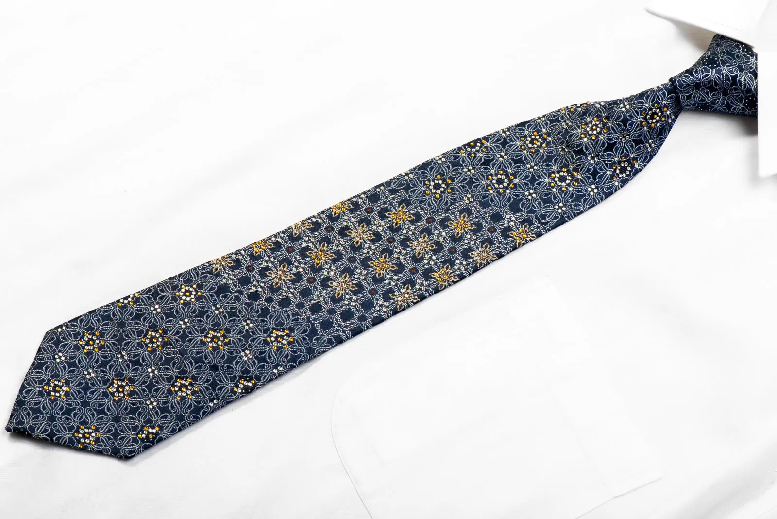 Rhinestone Silk Necktie Silver Gold Cartouche On Navy With Blue Sparkles