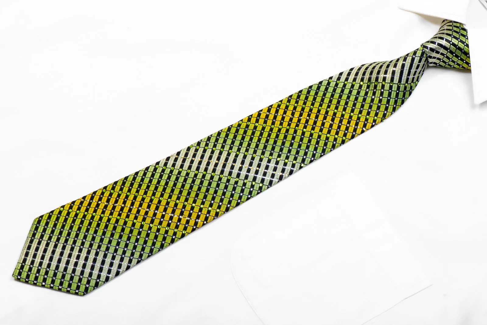 Rogers Dail Rhinestone Silk Necktie Green Striped On Black With Sparkles