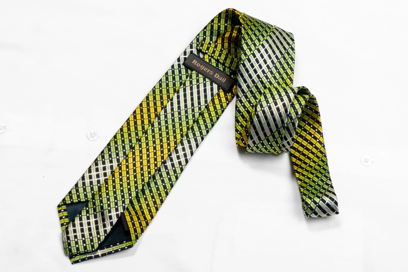 Rogers Dail Rhinestone Silk Necktie Green Striped On Black With Sparkles