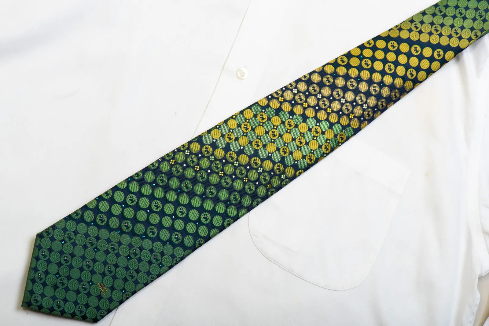 Silk Necktie Green Yellow Geometric & Scotty Dogs On Navy With Rhinestones