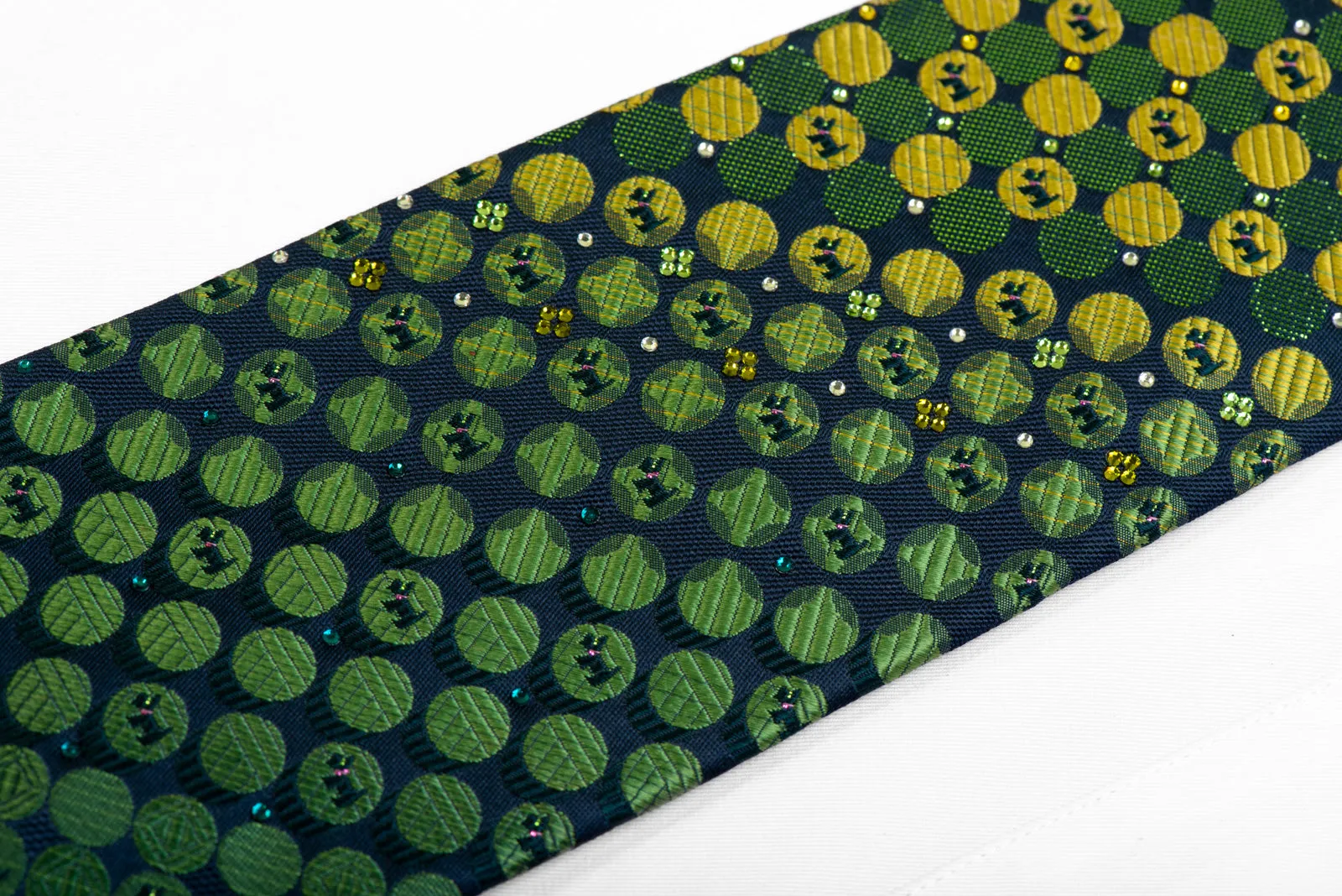 Silk Necktie Green Yellow Geometric & Scotty Dogs On Navy With Rhinestones