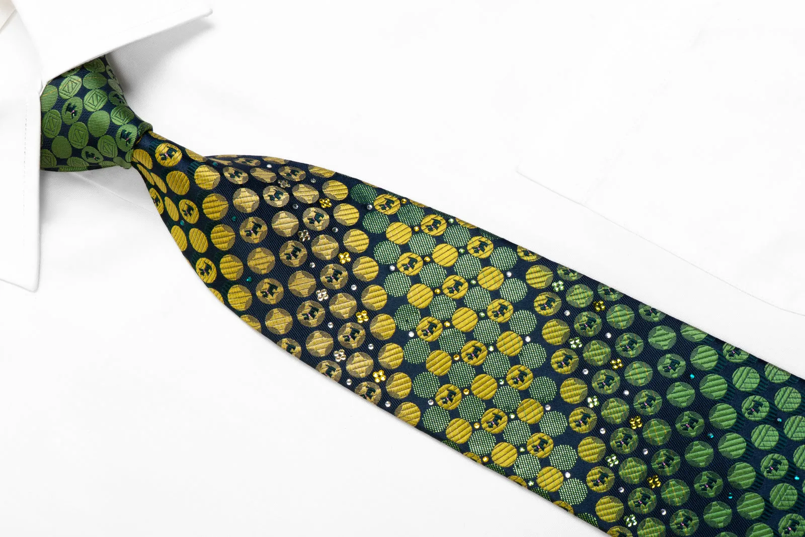 Silk Necktie Green Yellow Geometric & Scotty Dogs On Navy With Rhinestones