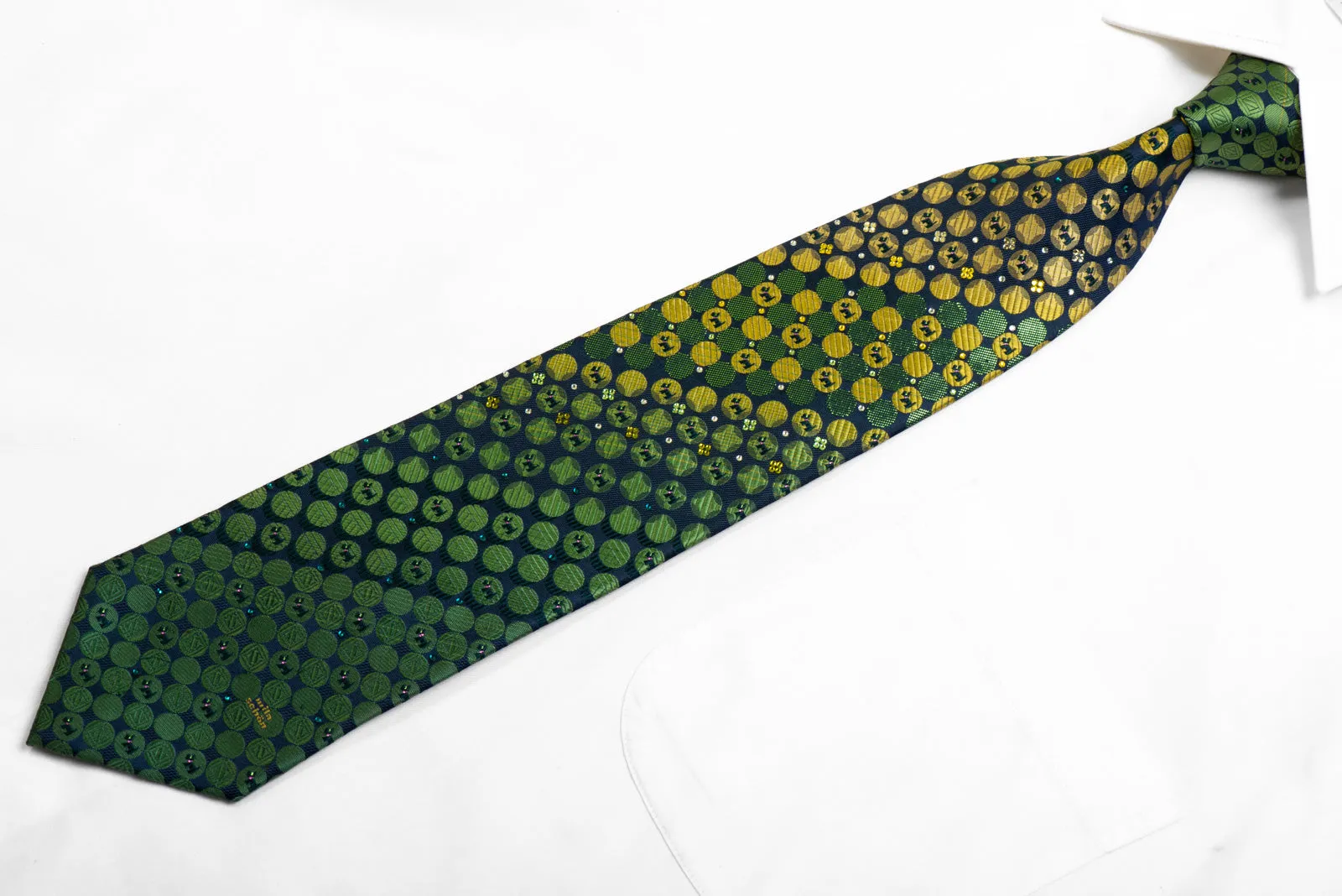 Silk Necktie Green Yellow Geometric & Scotty Dogs On Navy With Rhinestones