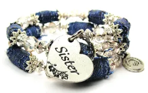 Sister Heart Blue Jean Beaded Wrap Bracelet