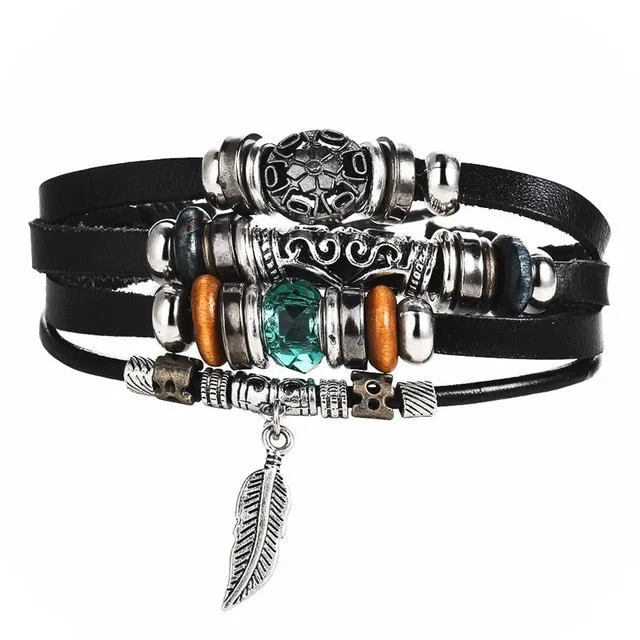 Tibetan Stone Feather Bracelet Leatherette Luck Bead Charms Bracelet