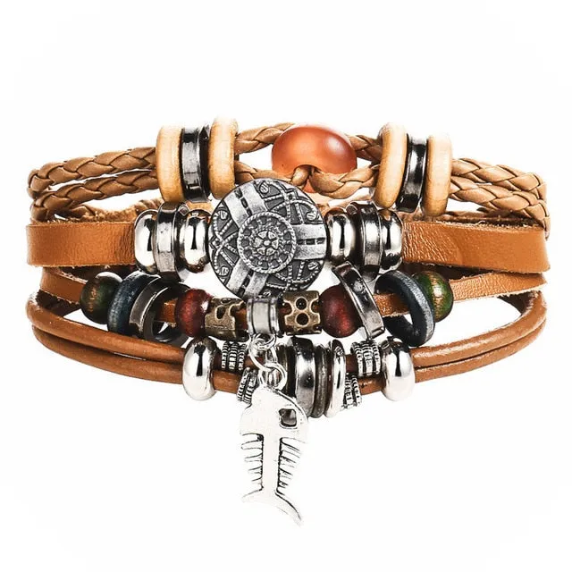 Tibetan Stone Feather Bracelet Leatherette Luck Bead Charms Bracelet