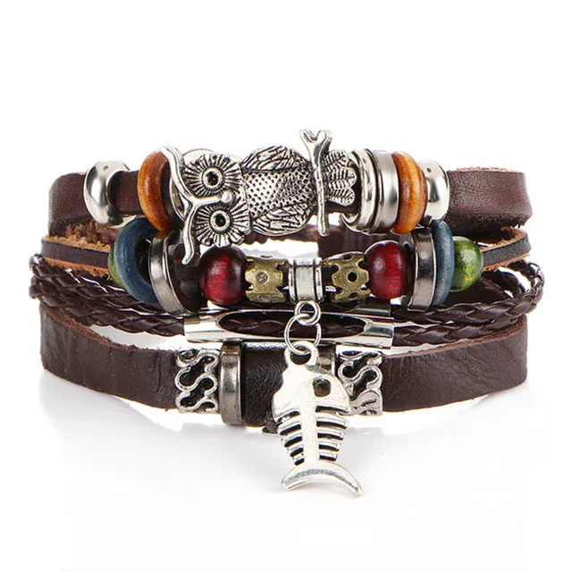 Tibetan Stone Feather Bracelet Leatherette Luck Bead Charms Bracelet