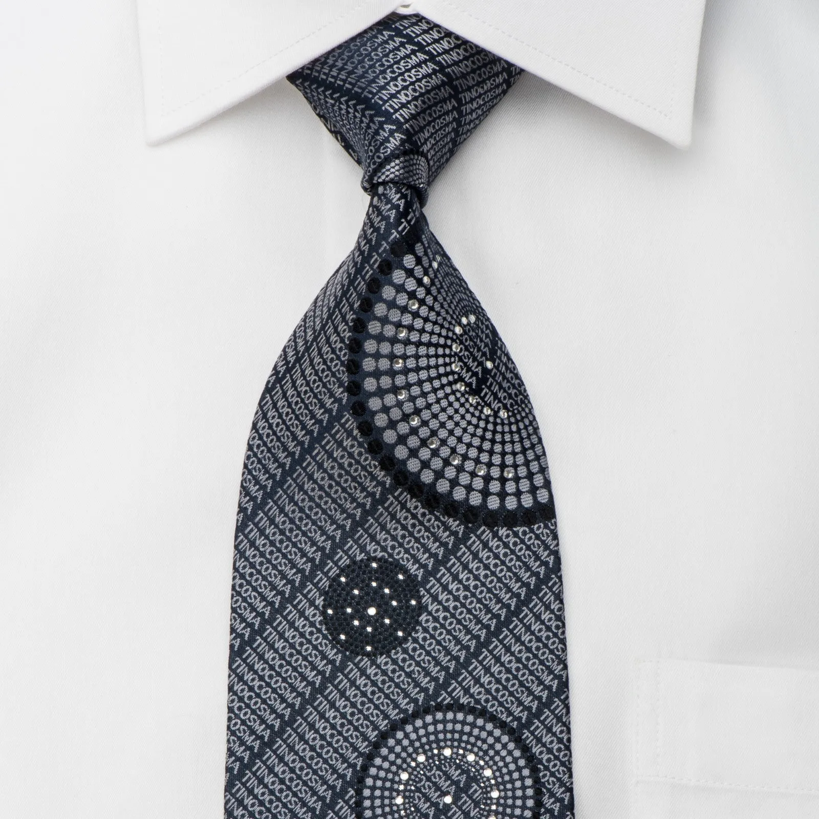 Tino Cosma Rhinestone Silk Necktie Silver Monogram On Black With Sparkles