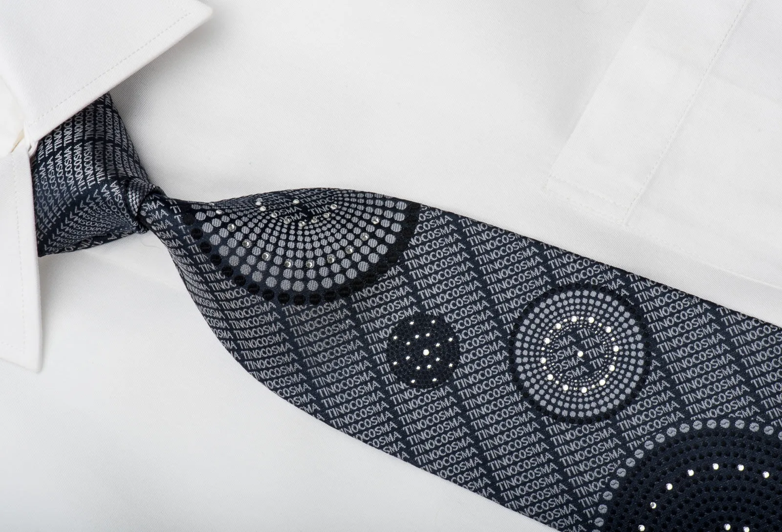 Tino Cosma Rhinestone Silk Necktie Silver Monogram On Black With Sparkles