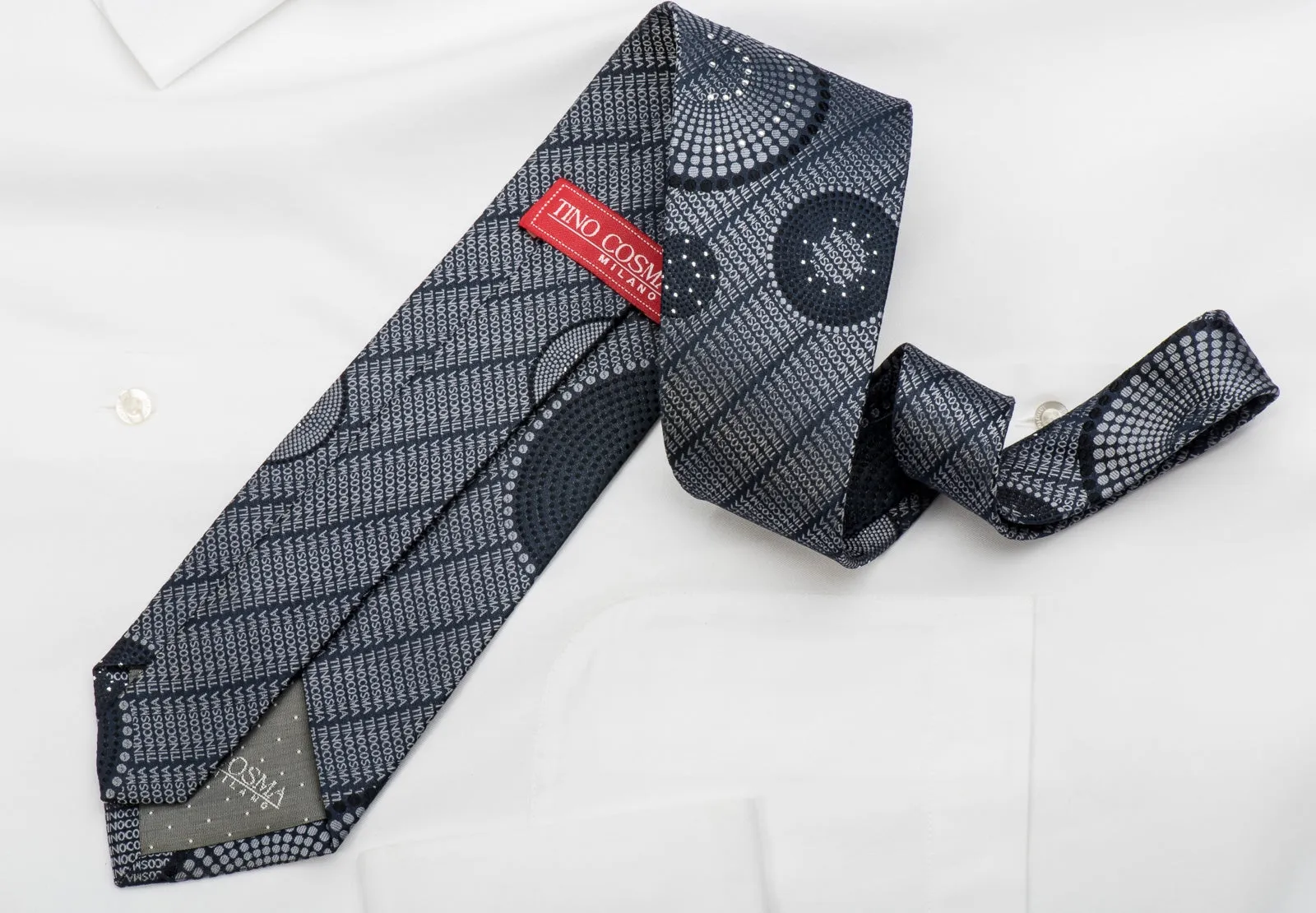 Tino Cosma Rhinestone Silk Necktie Silver Monogram On Black With Sparkles