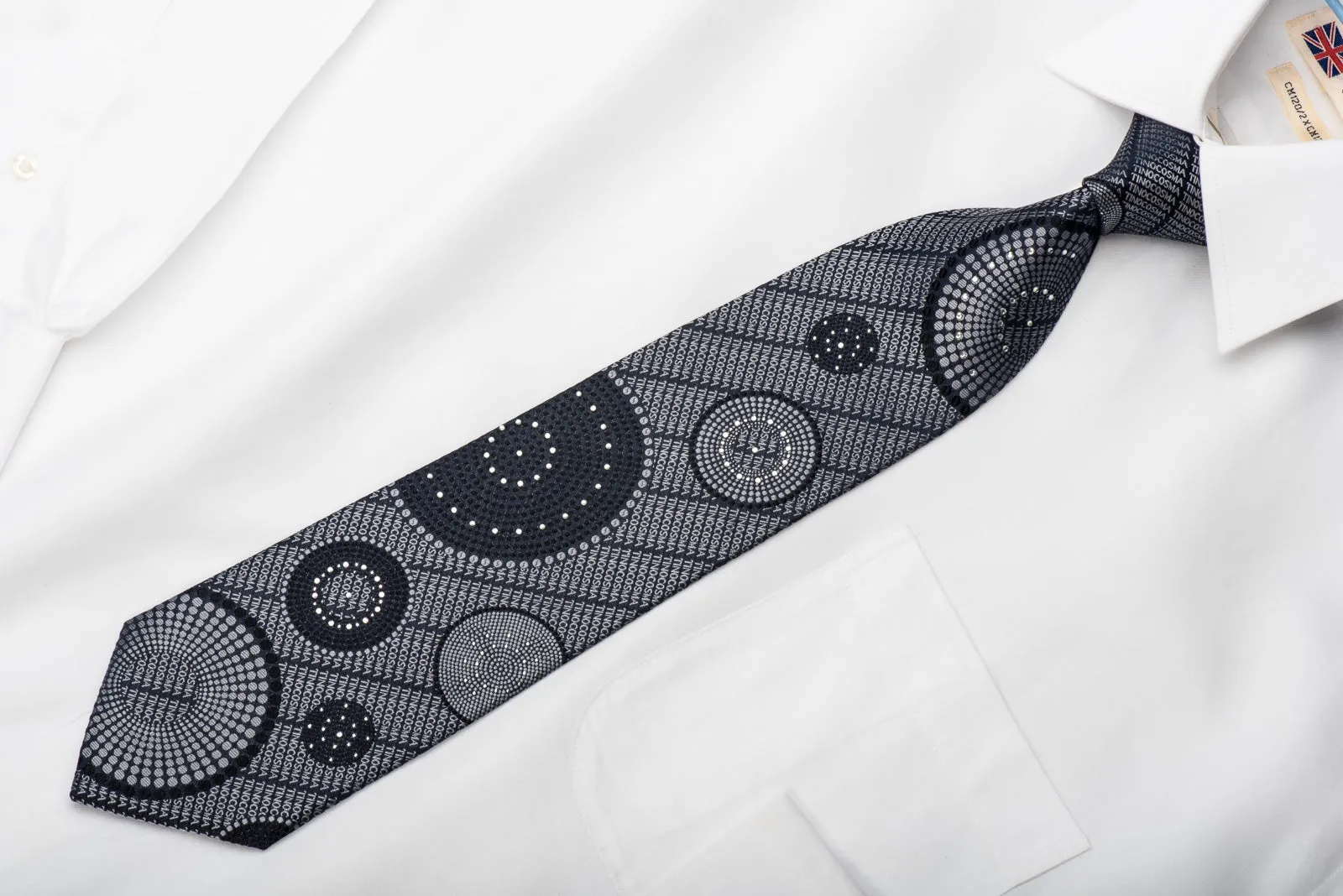 Tino Cosma Rhinestone Silk Necktie Silver Monogram On Black With Sparkles