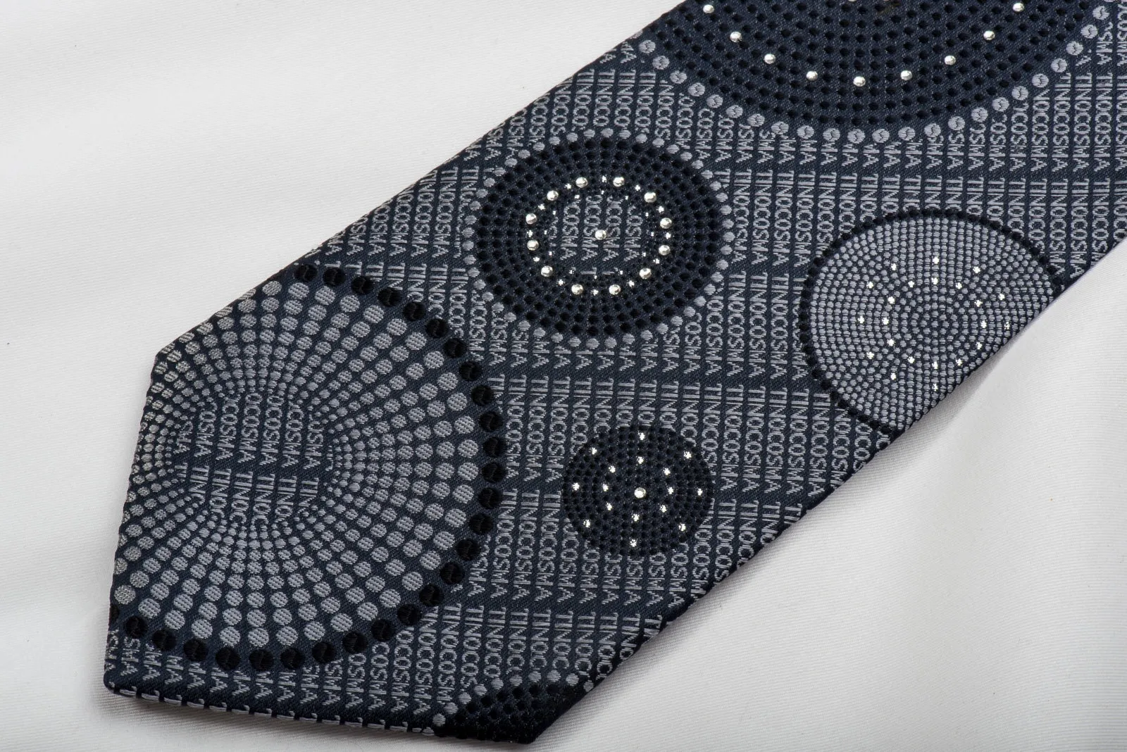 Tino Cosma Rhinestone Silk Necktie Silver Monogram On Black With Sparkles