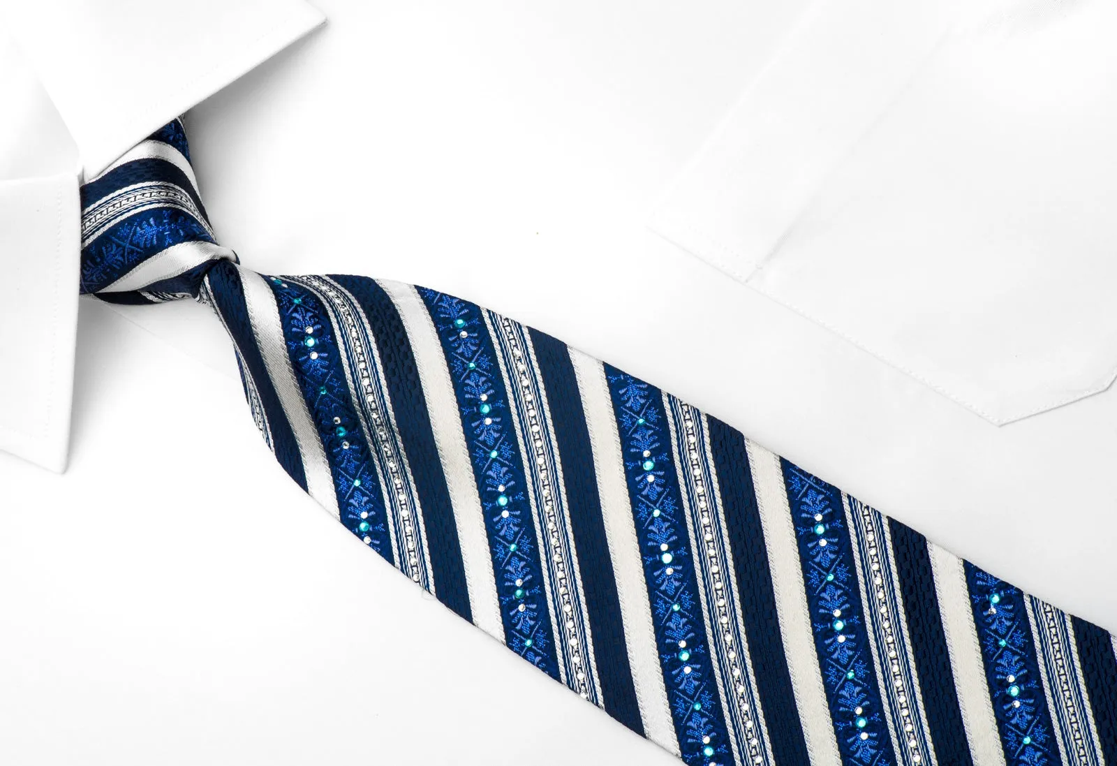 Vito Rufolo Men's Rhinestone Silk Necktie Silver Blue Striped With Sparkles