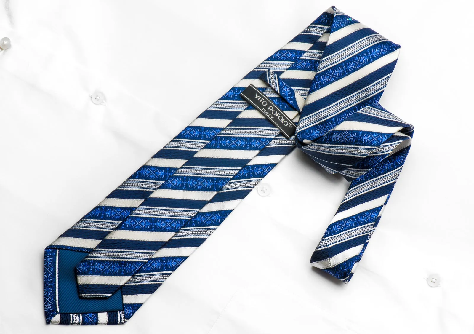 Vito Rufolo Men's Rhinestone Silk Necktie Silver Blue Striped With Sparkles