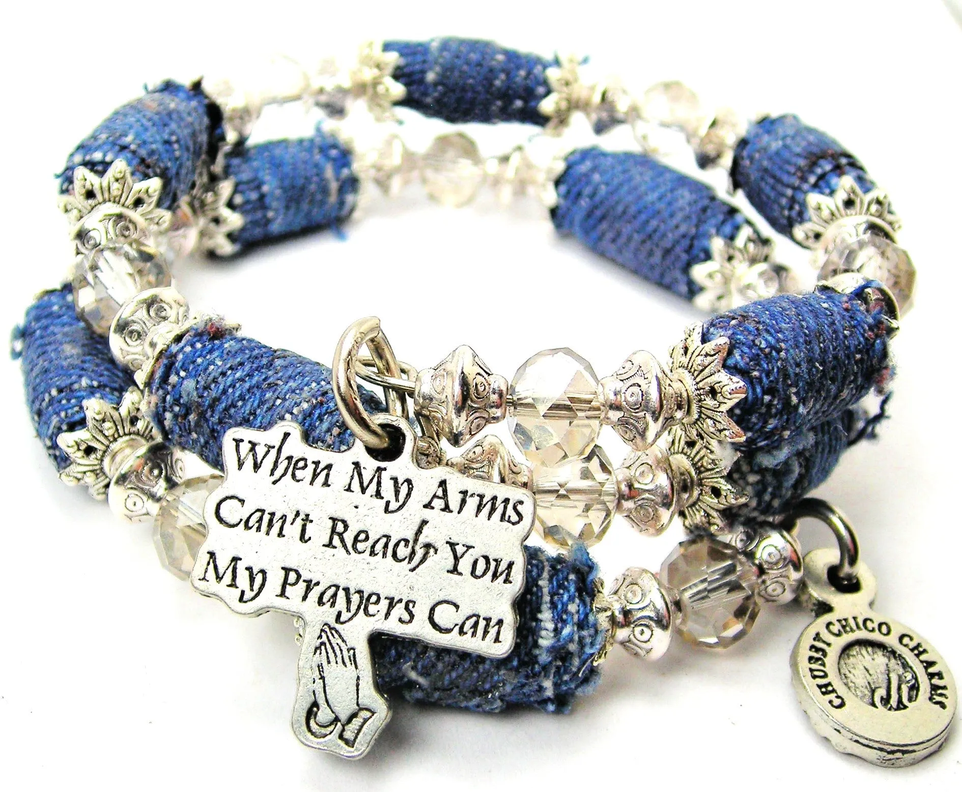 When My Arms Can't Reach You My Prayers Can Blue Jean Beaded Wrap Bracelet