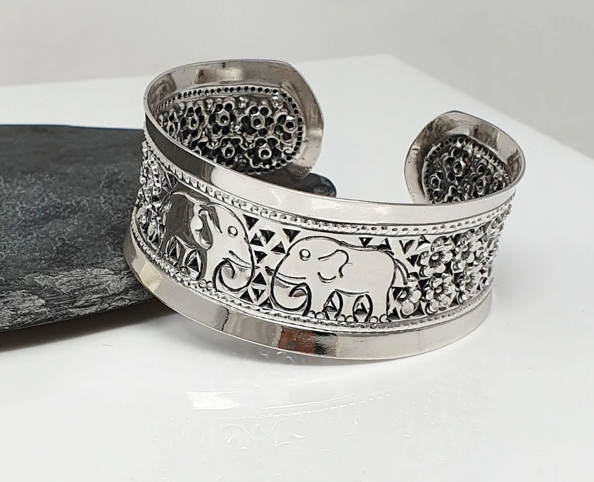Wide Sterling Silver Elephant Cuff Bangle