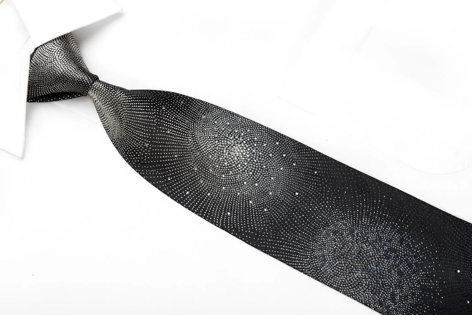 Yezak Men's Crystal Silk Necktie Silver Geometric On Black With Silver Sparkles
