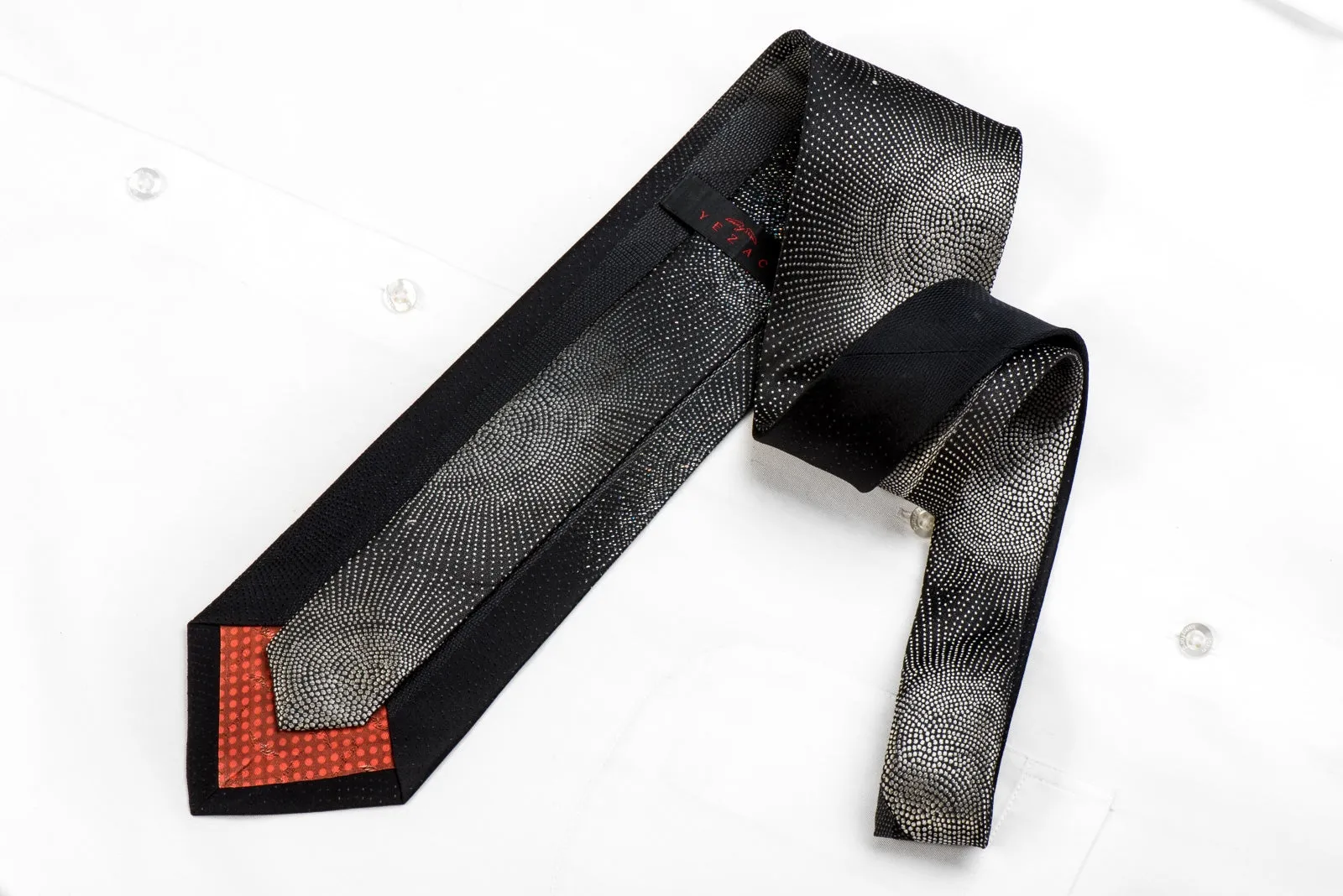 Yezak Men's Crystal Silk Necktie Silver Geometric On Black With Silver Sparkles