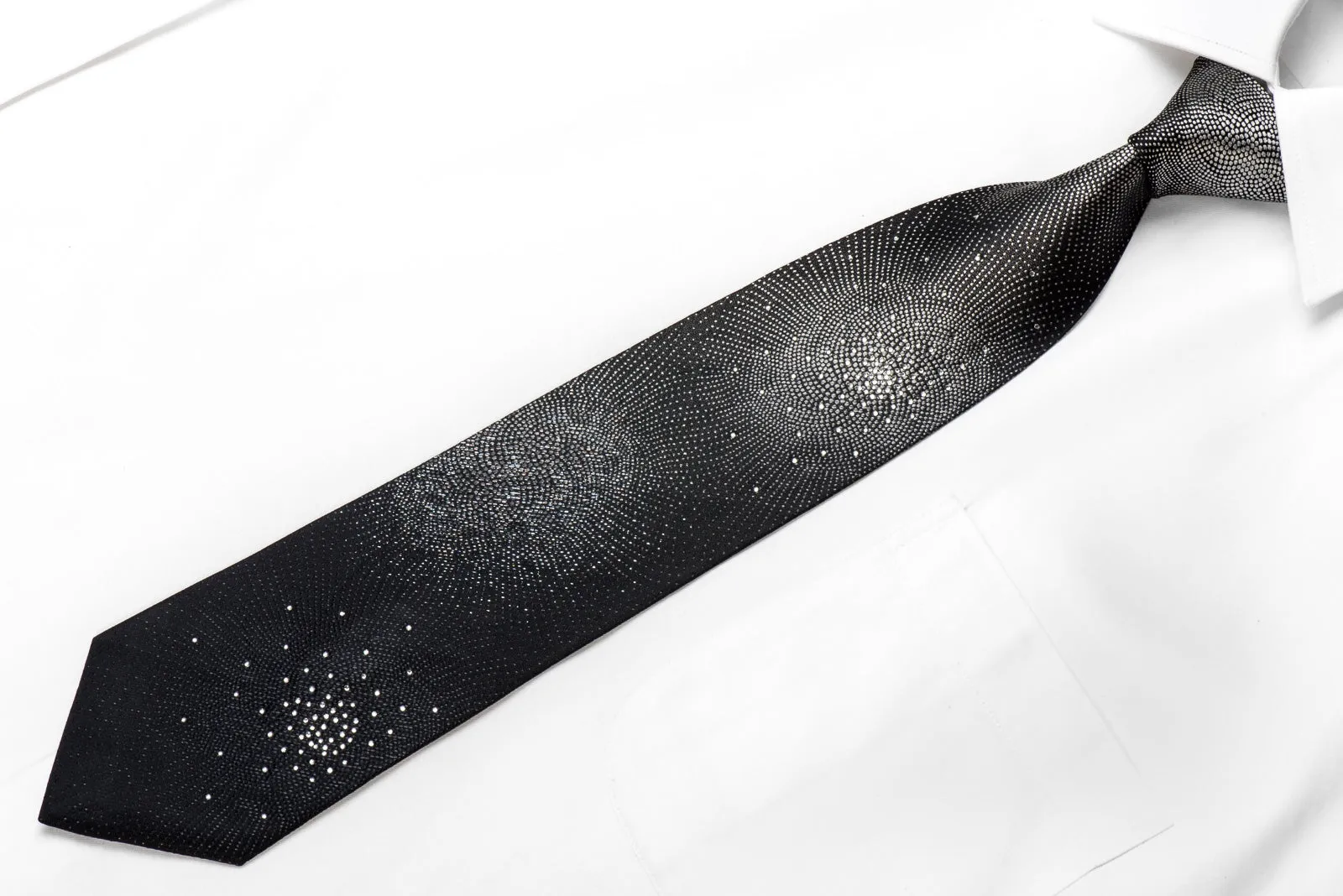 Yezak Men's Crystal Silk Necktie Silver Geometric On Black With Silver Sparkles
